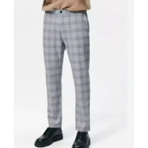 Zara man.  Basic Pants, Black Plaid Belted Straight Leg Driver Pant. Size S - Picture 1 of 9